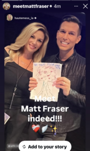 Instagram Story screenshot of psychic medium Matt Fraser holding a tribute drawing from Zuma, shared during his Wiltern event with Maile Navarro.