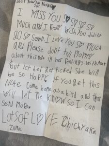 Zuma’s handwritten letter to her brother Kingston in heaven, asking him to send a message through psychic medium Matt Fraser.